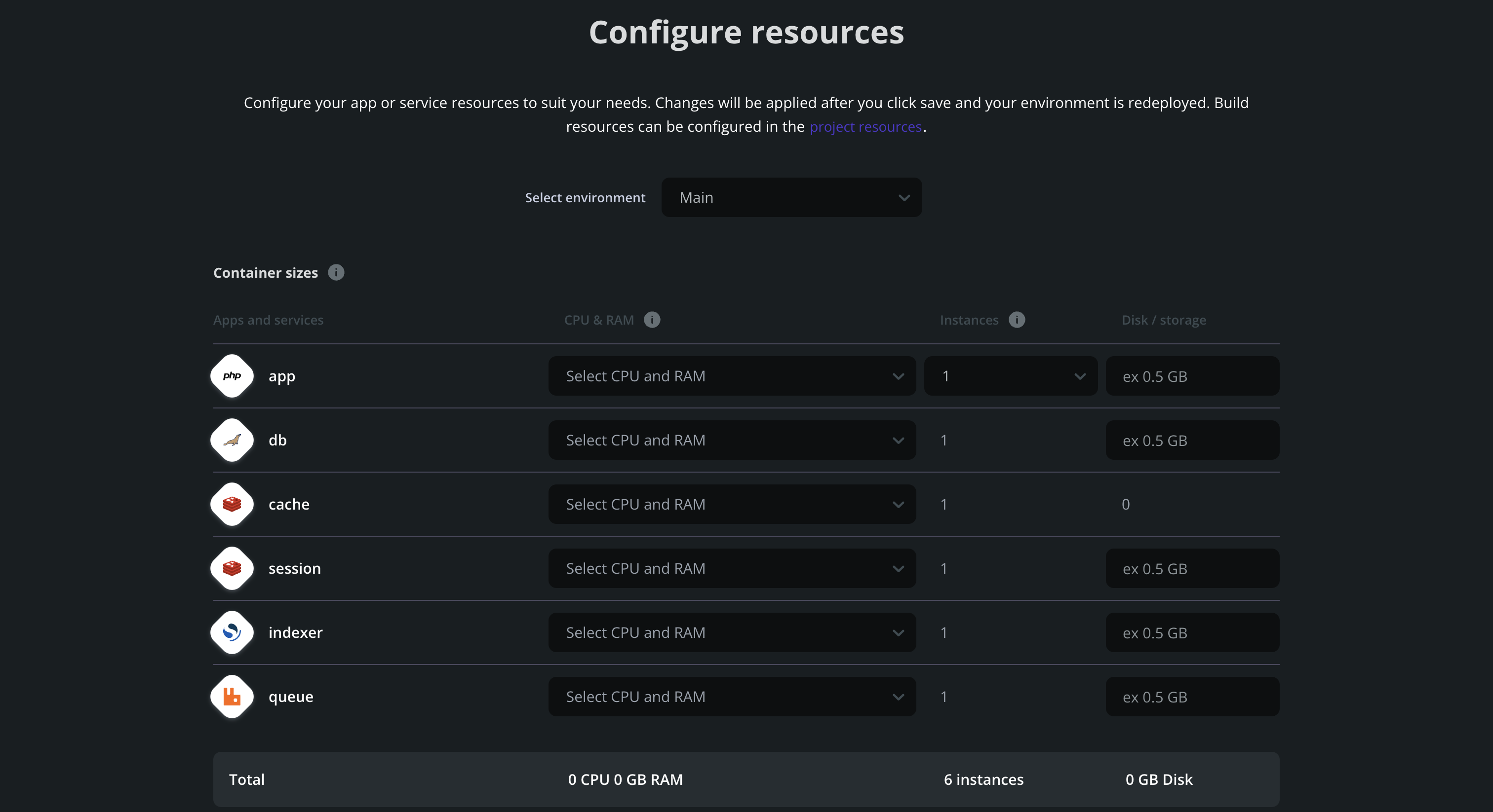 Configure the resources for your Magento project in the Upsun console