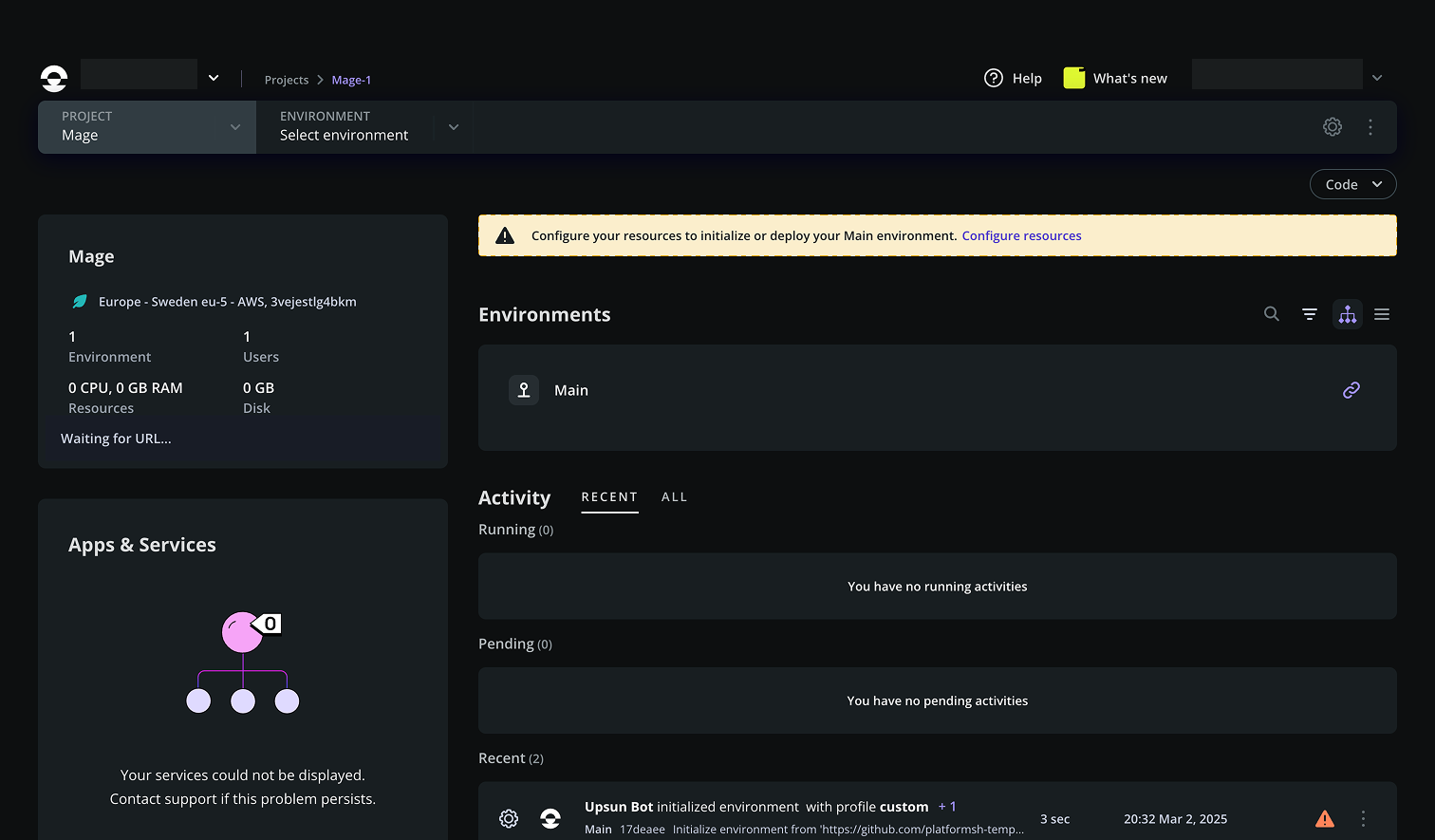 Your magento project in the Upsun console