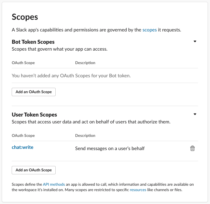 Slack app scopes